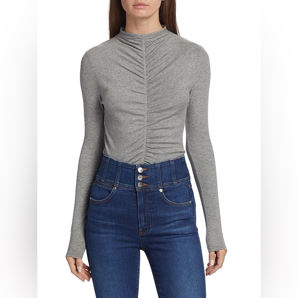 Veronica Beard Theresa Ruched Jersey Turtleneck Heather Grey Gray, Size Small S